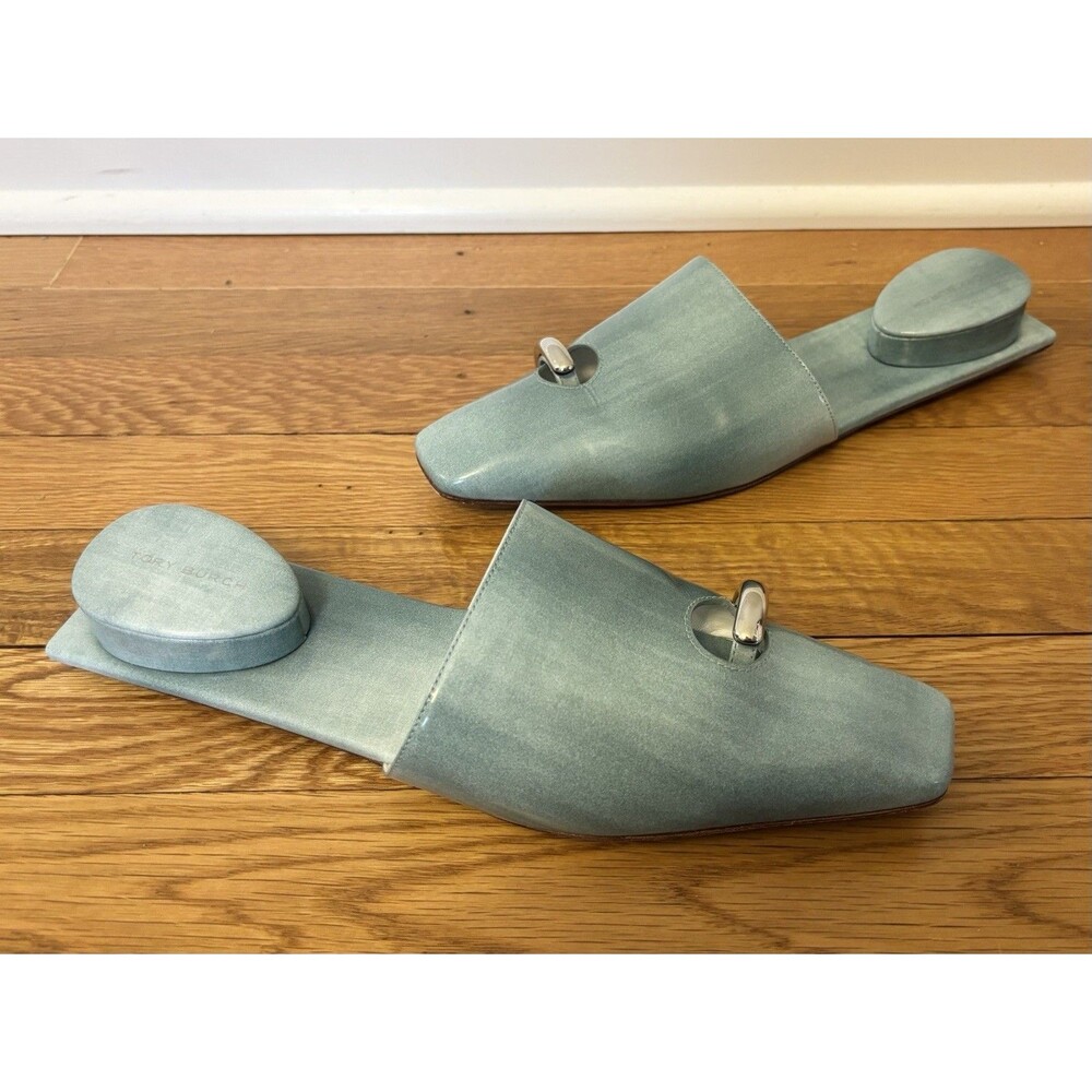 Tory Burch Pierced Mule Slides Shoes Silver Northern Blue Patent Leather 10